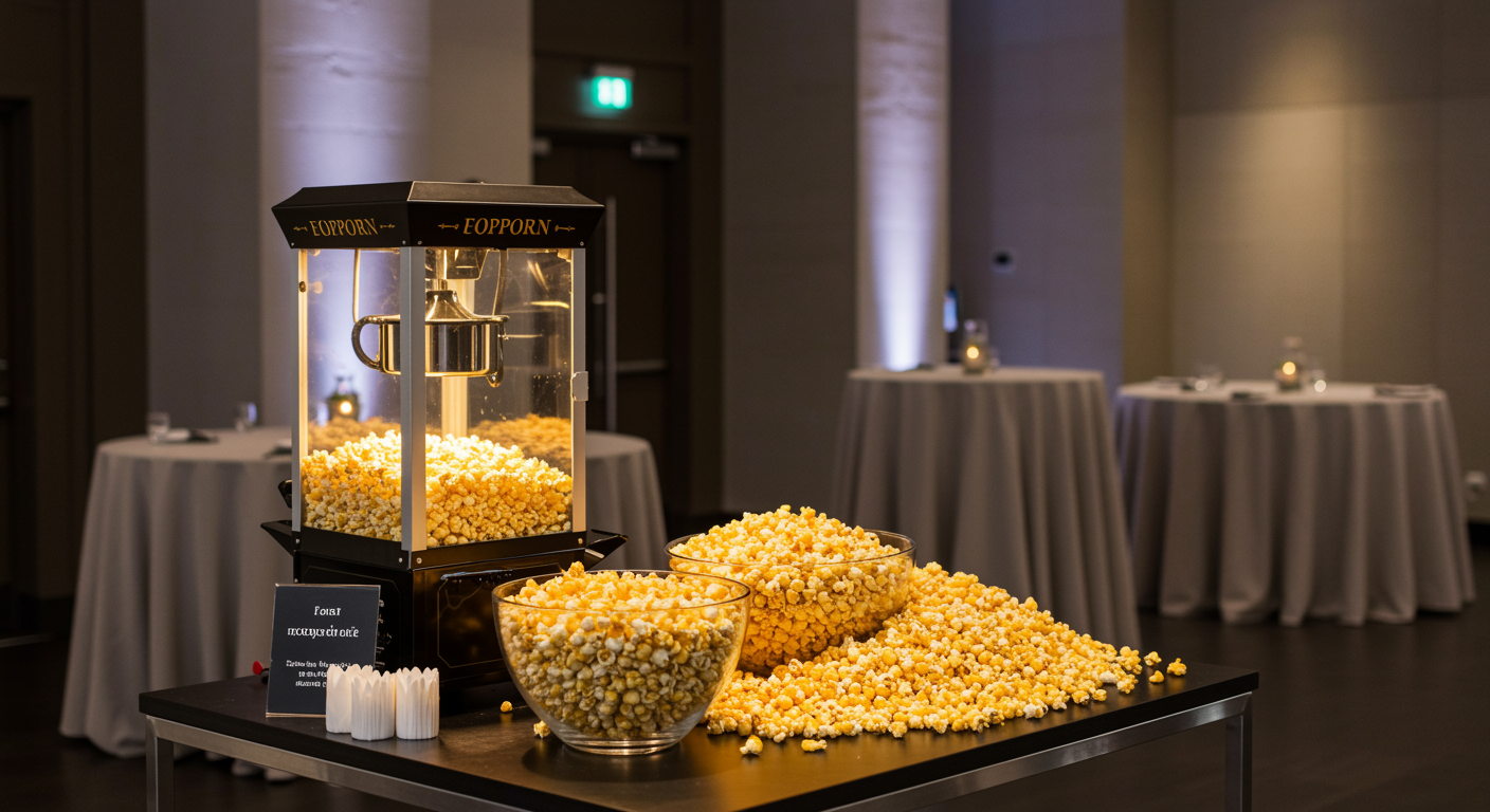 Modern corporate event with stylish popcorn machine rental setup and fresh popcorn on a serving table