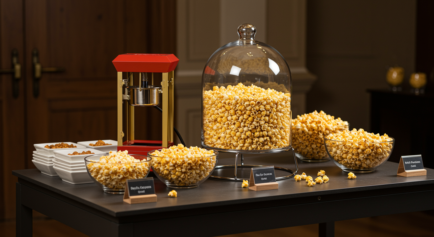 Popcorn machine hire for events showing classic popcorn machine and fresh popcorn on serving table