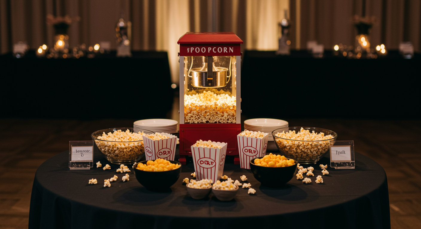 Beautiful popcorn machine on a decorated party table at an event, offering freshly popped popcorn in elegant bowls