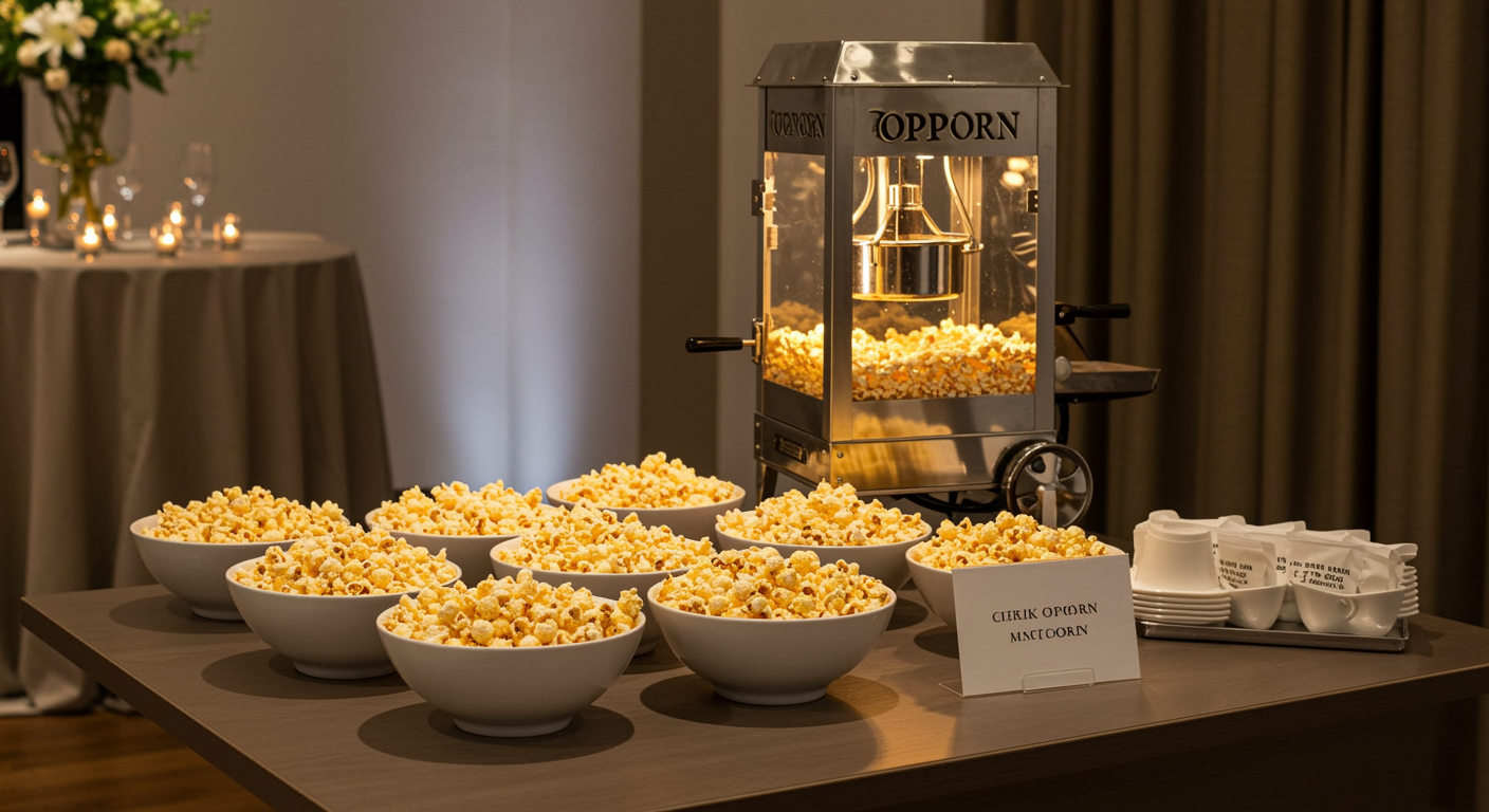 Polished popcorn machine with bowls of fresh popcorn in an upscale event setting, warm modern decor, no people