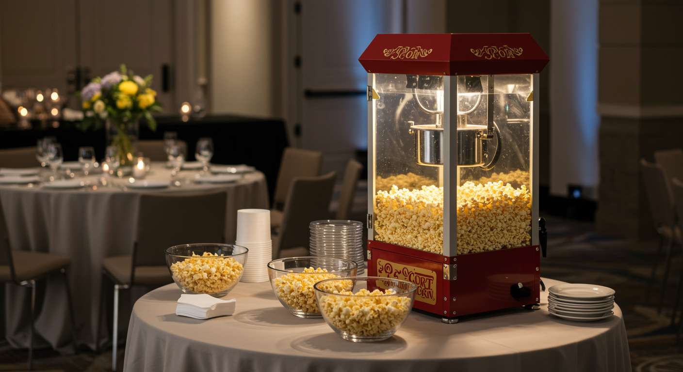 Popcorn machine and event table setup ready for a business event in London, featuring freshly popped popcorn and stylish decorations