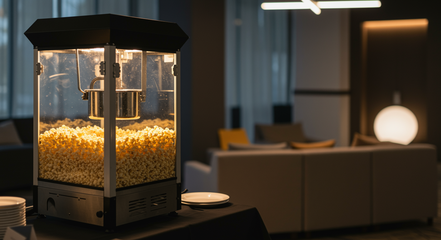 popcorn machine rental display with fresh popcorn at a modern conference event venue