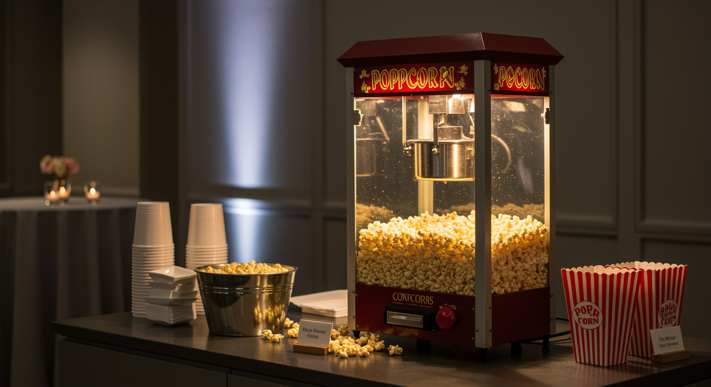 Popcorn machine rental setup at an exhibition, featuring a classic popcorn machine with fresh popcorn and serving tubs on a stylish counter, perfect for event catering