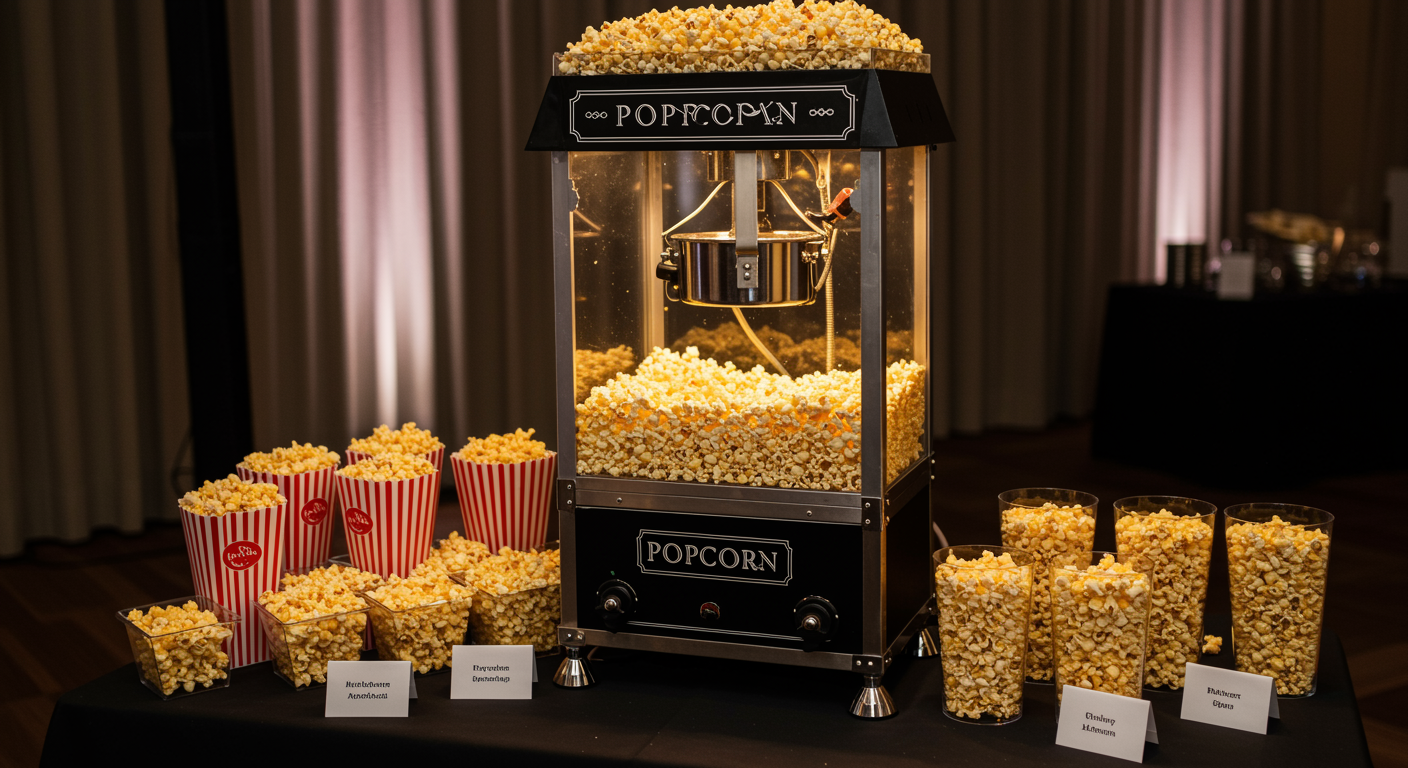 popcorn machine rental setup at stylish London event with fresh popcorn display and professional presentation