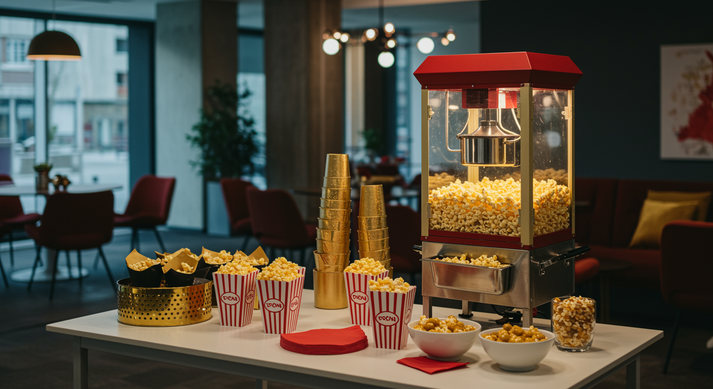 Popcorn machine setup at an office party event, with fresh popcorn and serving bowls on a table in a modern event space