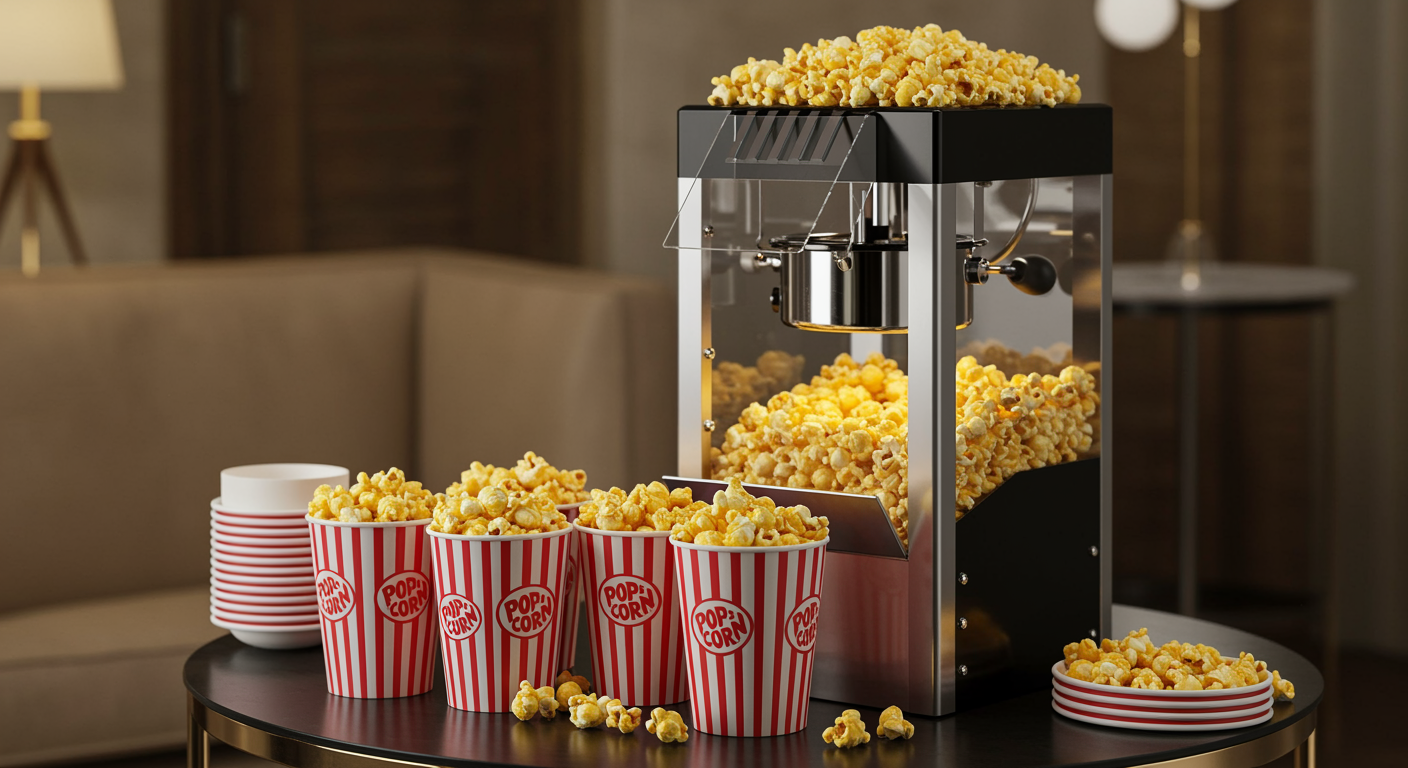 Modern popcorn machine with fresh popcorn in red-and-white cups prepared for an event in the UK, ready for guests to enjoy